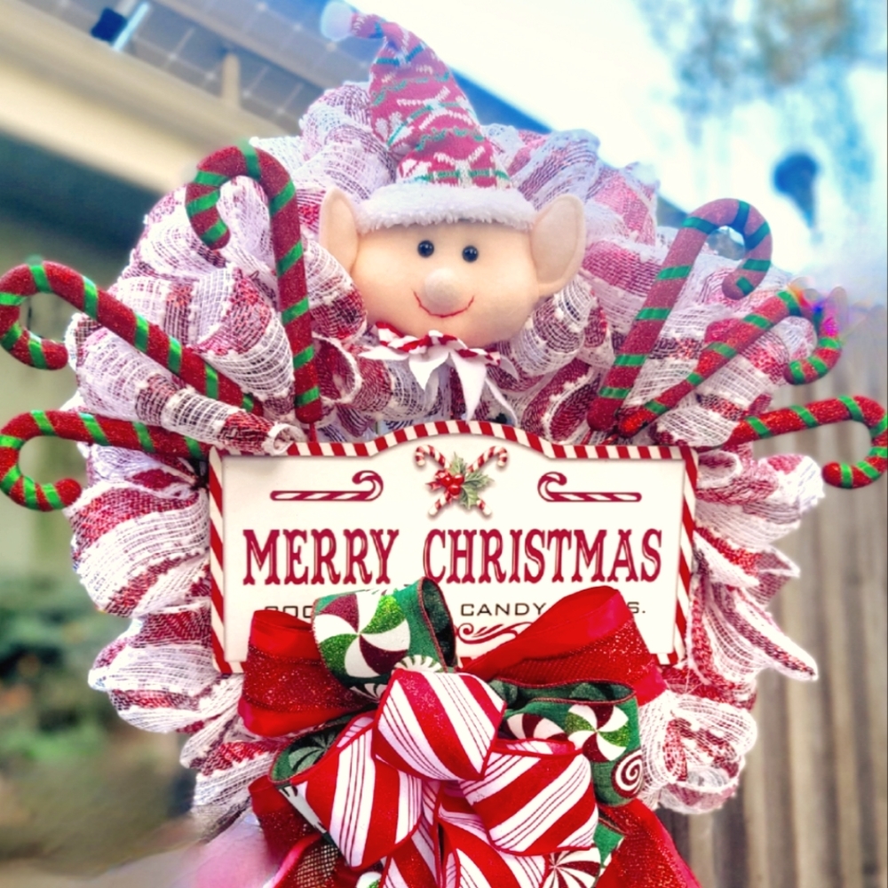 Christmas Plush Elf Wreath Candy Canes Deco Mesh Bow